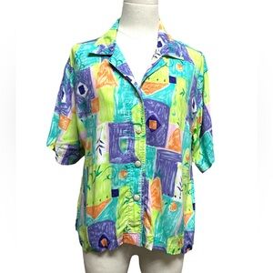 Weekend Clothes Line Retro 80’s Womens Shirt Sz L Green Blue‎ Floral Print Rayon